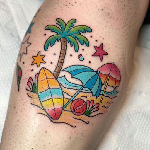 Whimsical cartoon-style beach tattoo with surfboard, beach ball, and umbrella