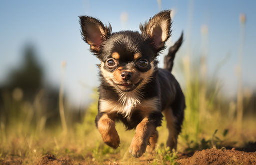 Brown and black chihuahua puppy running on the field