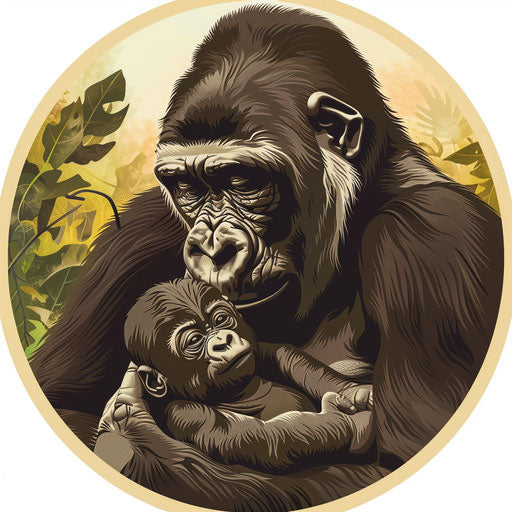Gorilla mother gently cradling her baby