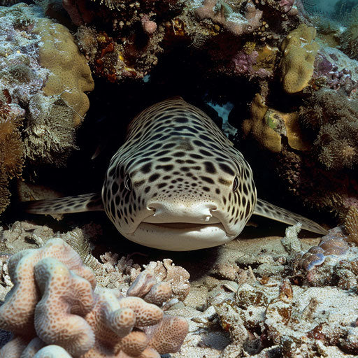Camouflaged zebra shark among coral reefs