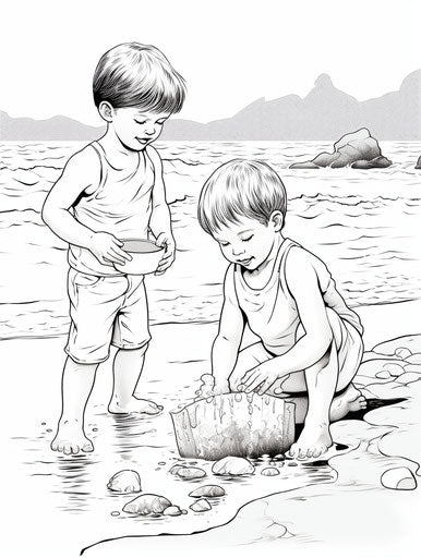 Children playing at the beach, coloring pages, detailed illustrations
