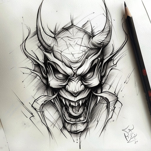 Bold drawing of a Hannya mask with sharp horns and intense eyes