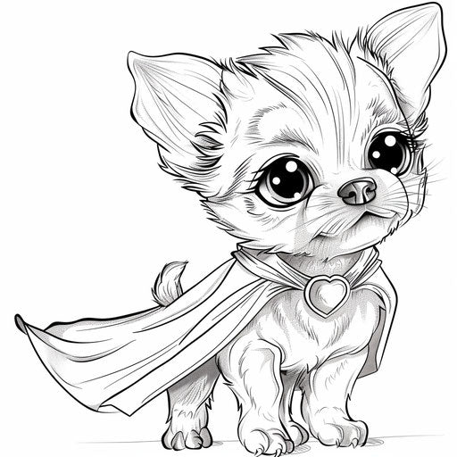 A puppy wearing a superhero cape. Coloring book page