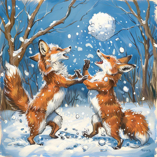 Foxes playing in a winter snowball fight