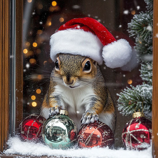 Cheeky squirrel with Santa hat stealing ornaments