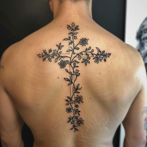 Botanical cross tattoo for men with vines and flowers