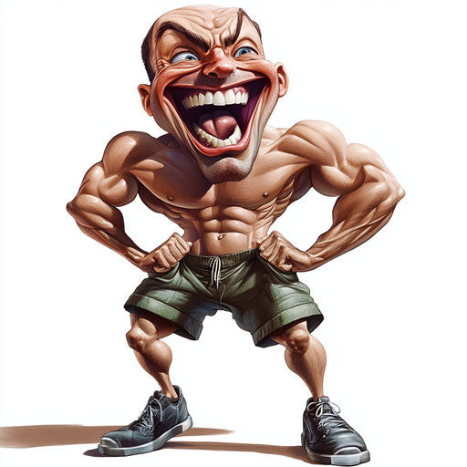 Humorous caricature of a body caricature clipart with human characteristics, exaggerated smiling mouth, muscular legs, vibrant colors, cartoon style, laughing