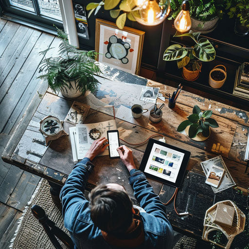 Working on tablet at home, stylish desk, creative decor