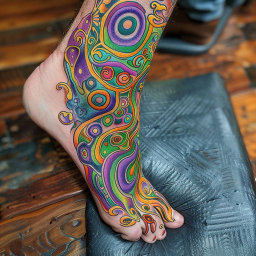 Foot tattoos in the style of Guy Aitchison with vibrant abstract designs