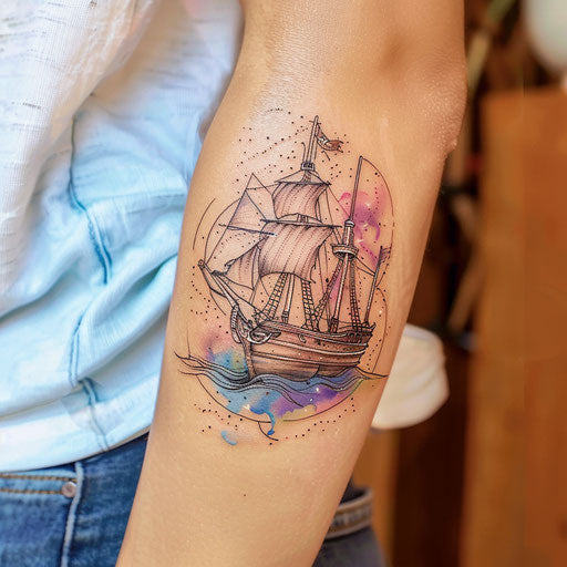 Nostalgic tattoo sketch of a pirate ship, fairy-tale clipart style