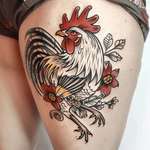 Neo-traditional rooster tattoo