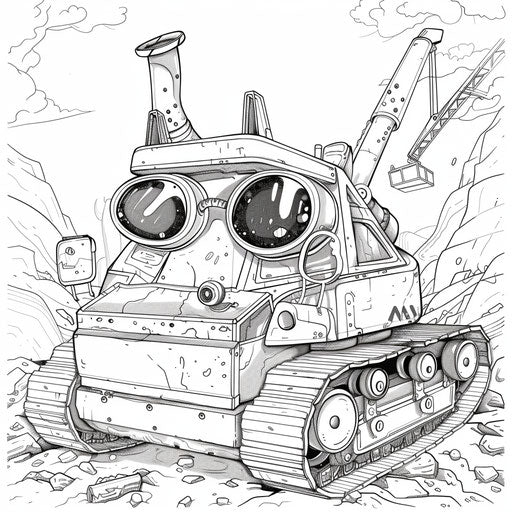 A whimsical bulldozer with a construction hat and sunglasses.