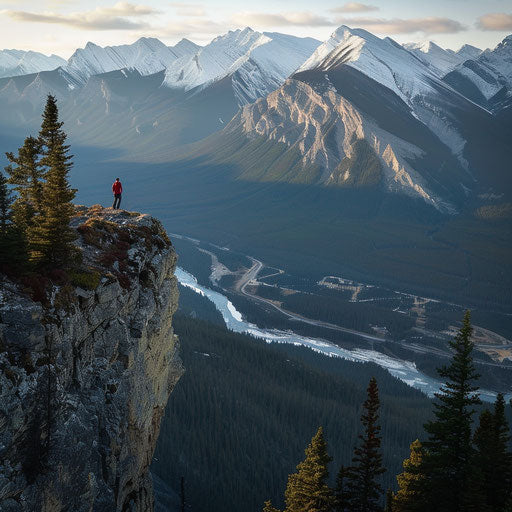 Adventurer on cliff edge, vast view, in Chris Burkard style