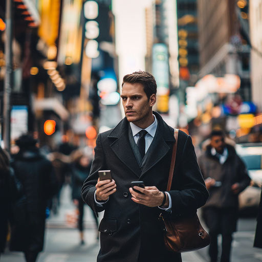 Businessman walking briskly through a busy city street