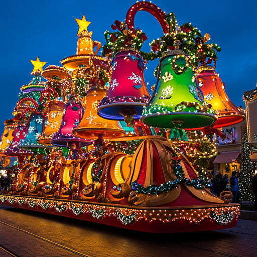A lively Christmas parade float adorned with large colorful Christmas bells, ringing in harmony with the music.