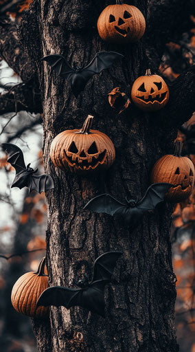 Halloween background with old tree, pumpkins, and bats