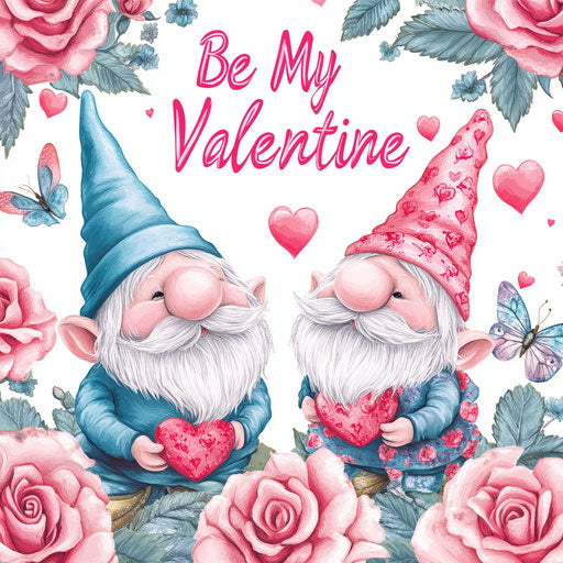 3 gnomes in pink roses, hearts, and butterflies with the text "Be My Valentine", digital art style