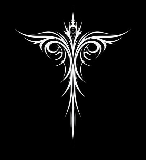 Tribal wings cross tattoo dark gothic style