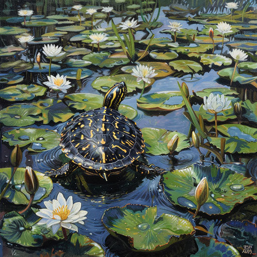 A yellow spotted turtle navigating through a carpet of water lilies in a marshy wetland