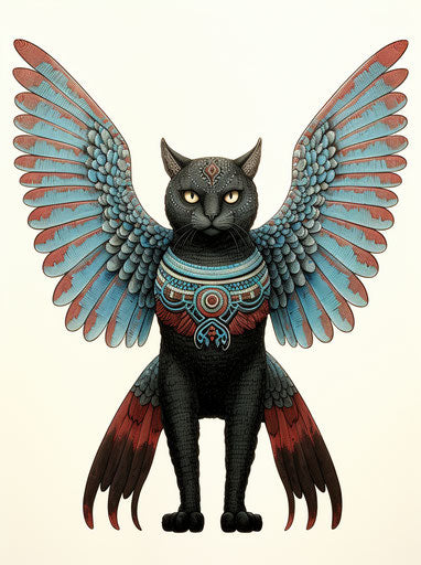 Black cat with wings on white background, photo print