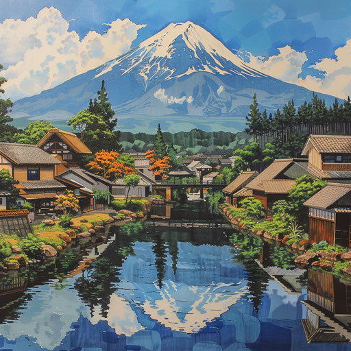 Japanese village scenery with Mt. Fuji reflection
