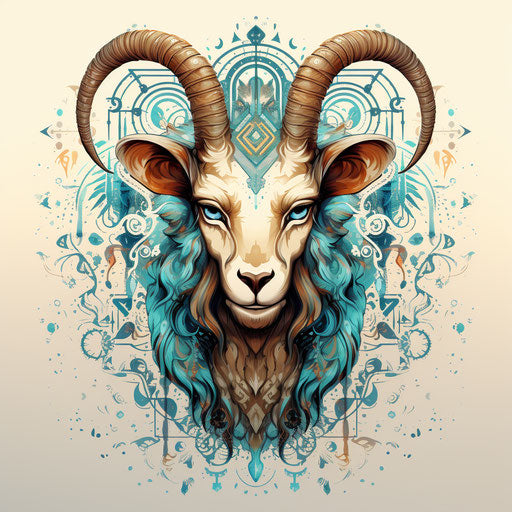 Goat head with colorful designs, symmetrical, yombe art