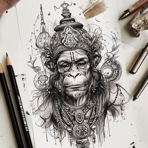 Exotic flat tattoo sketch of Hanuman adorned with traditional Thai art motifs