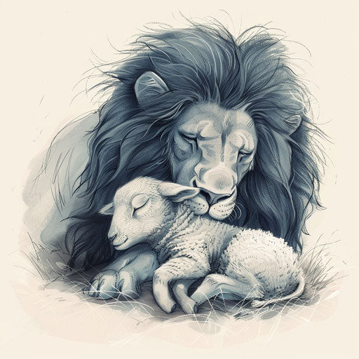 The lion and the lamb together in peace, soft shades