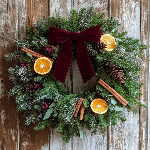 Colorful Christmas wreath with pine branches, cinnamon sticks, and orange slices