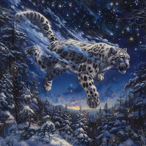 Magical snow leopard with feathers gliding over snow-covered forest under starry sky