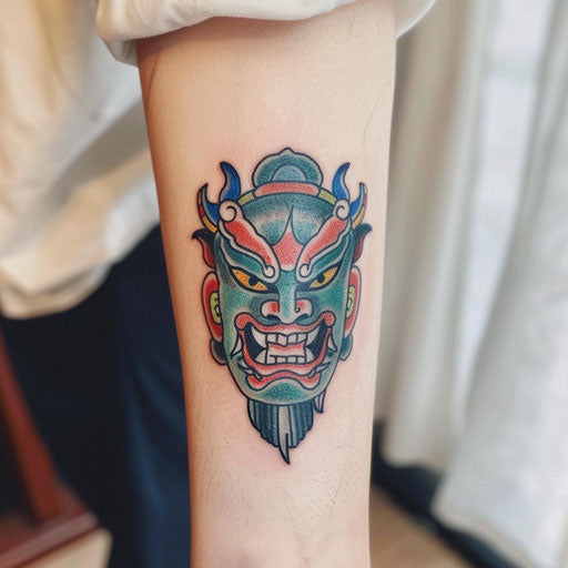 Traditional Korean mask tattoo, colored, on pure white background