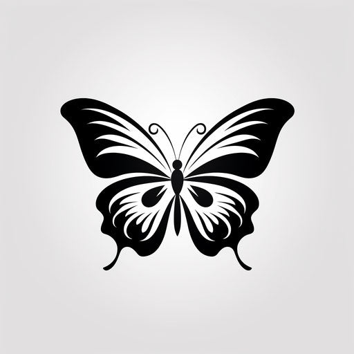 Black and white butterfly tattoo design, minimalist traditional style