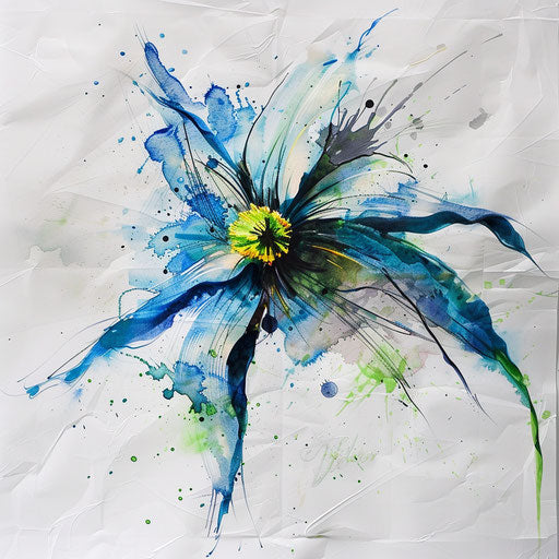 Abstract interpretation of a narcissus flower tattoo, with splashes of blue and green, on a white canvas-like surface.