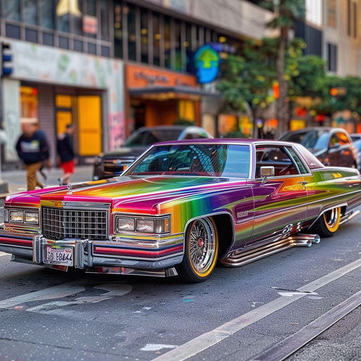 Luxurious lowrider bouncing on vibrant urban street