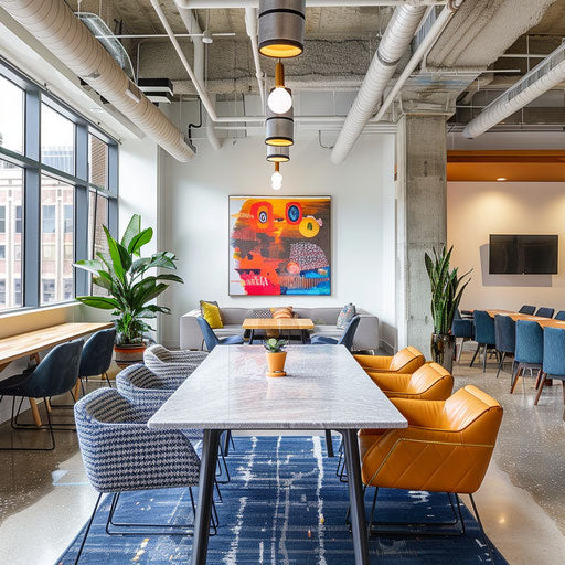 Collaborative office environment with shared desks and friendly vibe