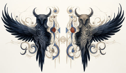 The two black wings of an Egyptian bird with inscription, abstract cat style