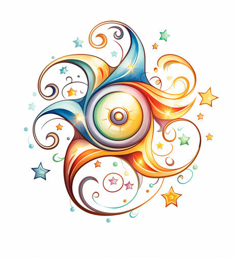Cute star tattoo with spiral swirl, brightly colored