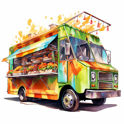 Food truck in Oil painting style, on white background