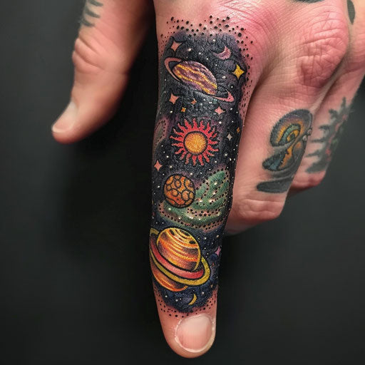 Finger tattoo with cosmic and celestial themes