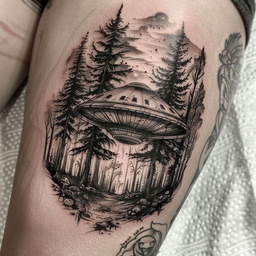 Gothic UFO tattoo with dark, intricate designs