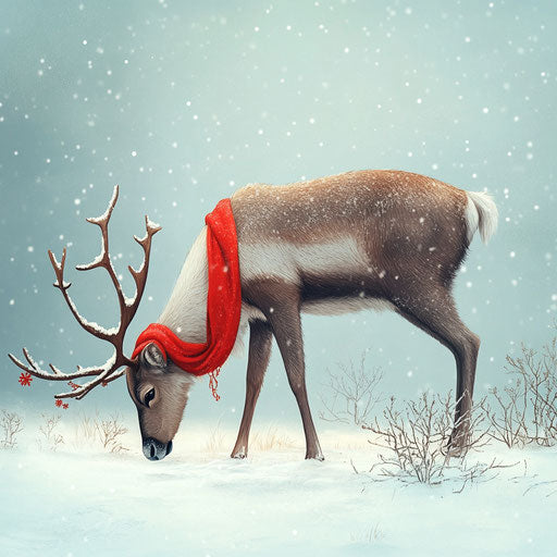 A charming reindeer with a red scarf happily grazes