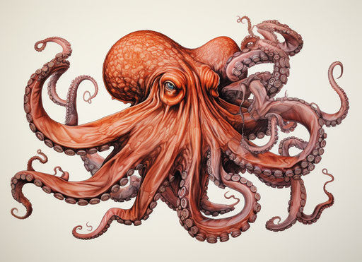 Realistic pink red octopus with tentacles, ink and color