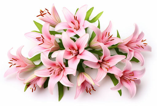 Pink lily flowers on white background, li-core style, photo 76:51