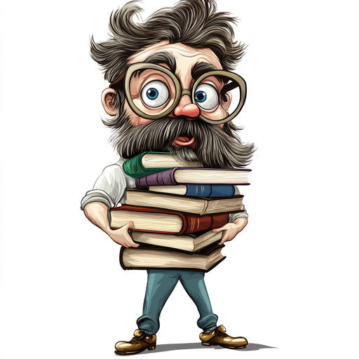 Humorous caricature of a Herman Melville caricature clipart with human characteristics, exaggerated big eyes, muscular arms, with a stack of books, vibrant colors, cartoon style, surprised, high resolution, no background, isolated