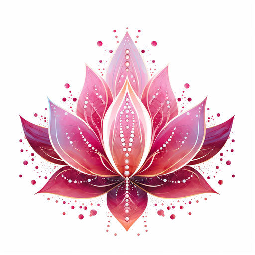 Modern geometric iridescent lotus flower, floral tattoo pattern in pink, in the style of pointillist dots and specks, zen buddhism influence, symbolic nabis, linear illustrations, line drawing style
