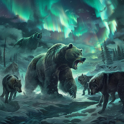Epic showdown between a bear and a pack of wolves
