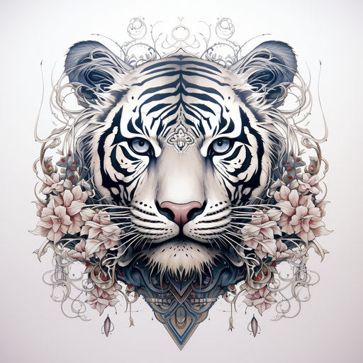Tiger with floral pattern, detailed head, kinetic lines