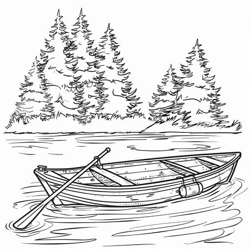 Rowboat on a tranquil lake with trees in the background