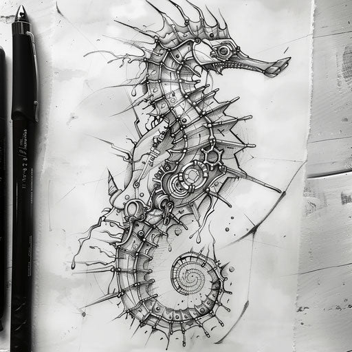 Biomechanical seahorse tattoo sketch blending organic and mechanical elements in a stark monochrome