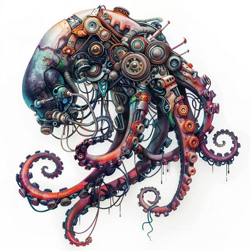 Biomechanical squid tattoo merging organic tentacles with mechanical parts on white background
